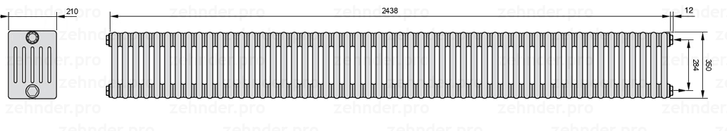 Схема (чертеж) Радиатор Zehnder Charleston 6035/53 №7610 Белый глянцевый RAL 9016